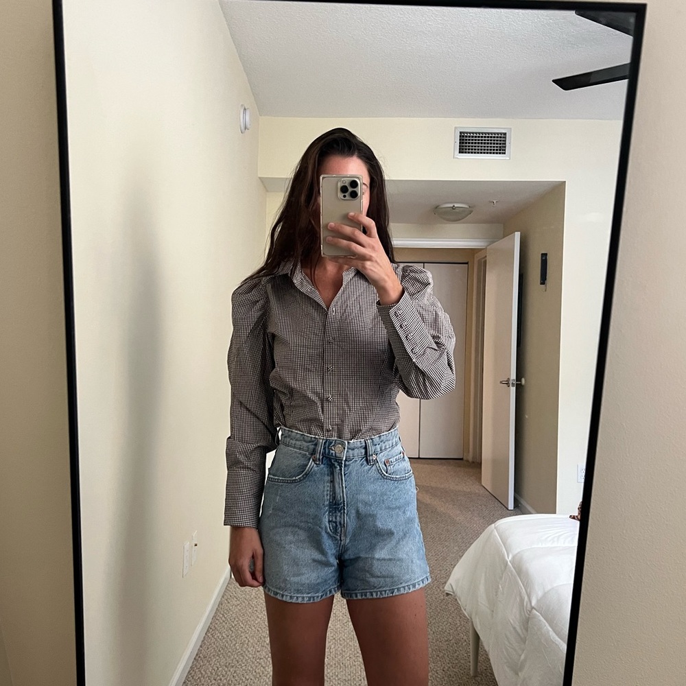 Zara Puff Sleeve button down, check print with button details at cuff